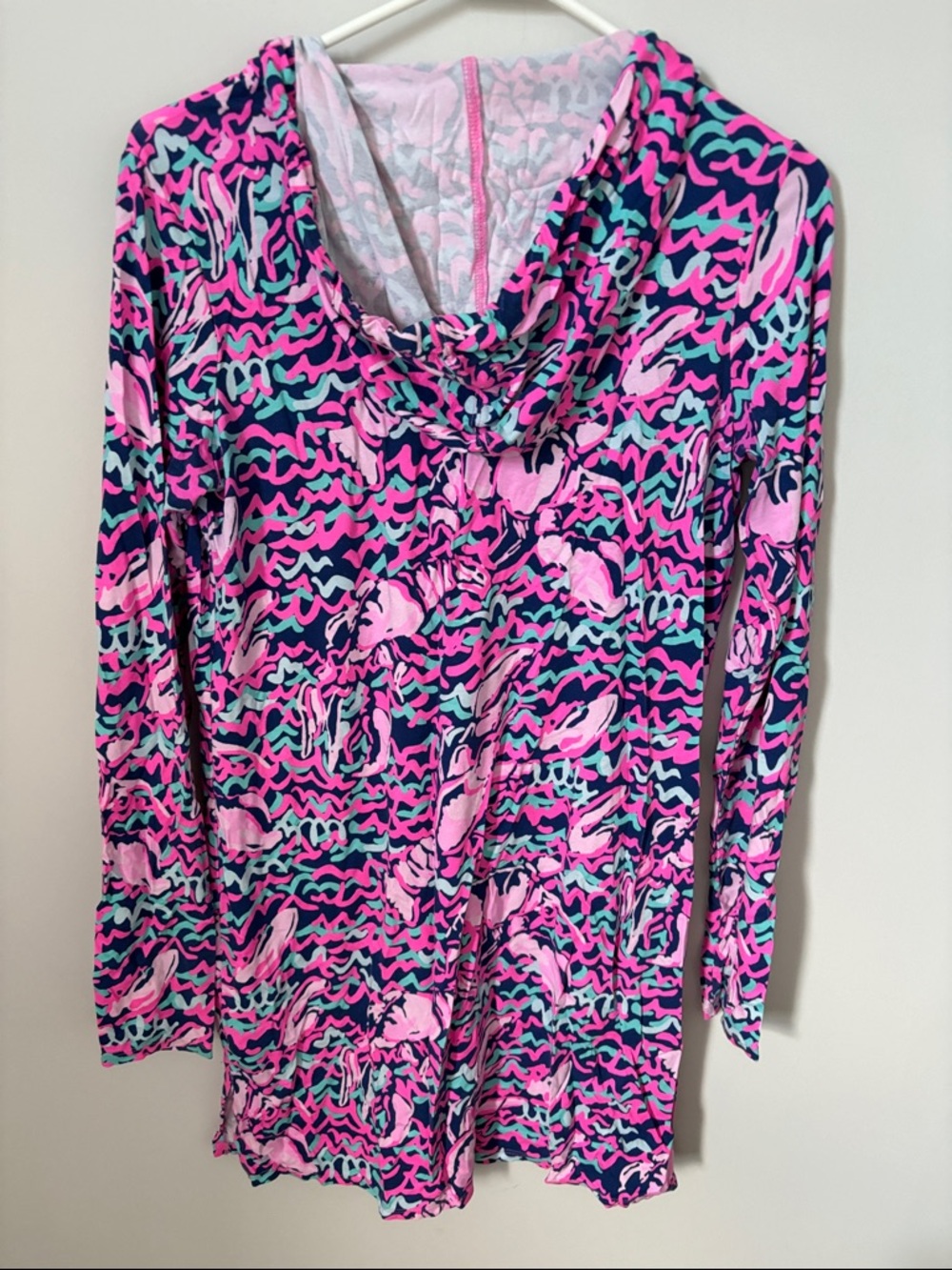 Lilly Pulitzer Pink Navy & Aqua Floral Hooded Swim Coverup - Picture 6 of 6